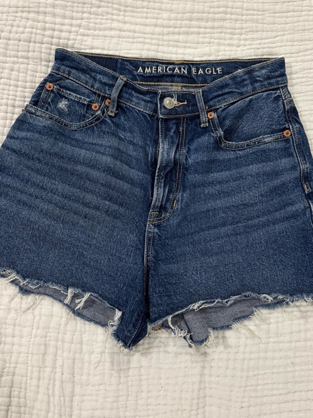 American Eagle Outfitters Dark Blue Frayed Hem Denim Shorts
